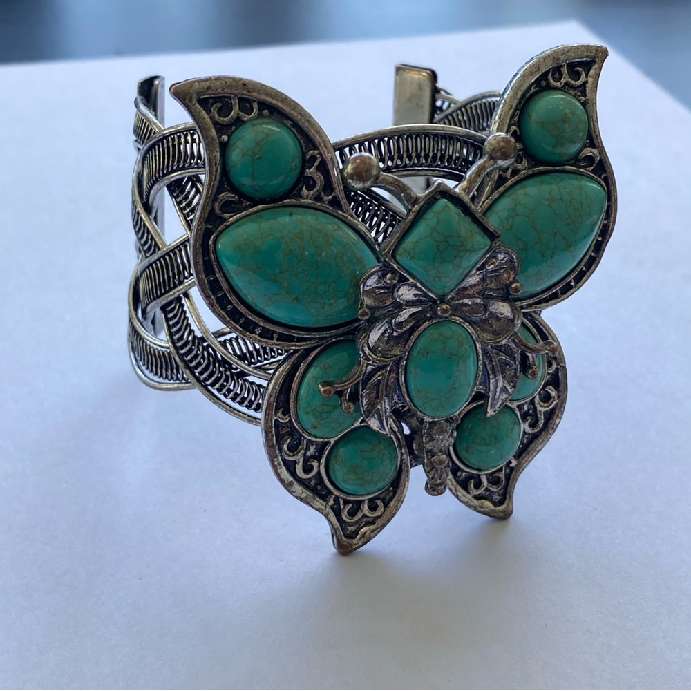 Siver Tone with Turquoise Color Stone Accents Butterfly Cuff Bracelet